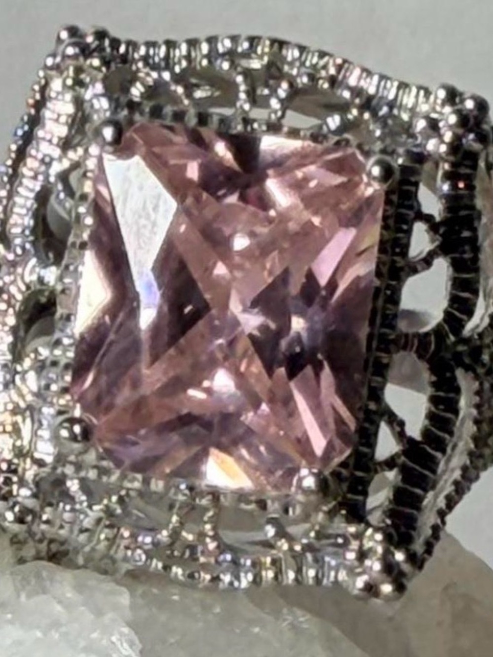 Vintage-Style Silver Ring with Pink Square Gemstone